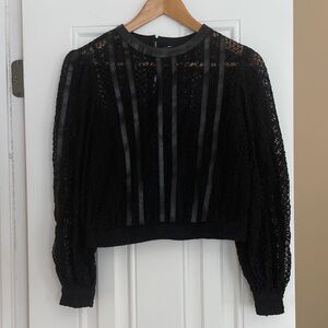 Express Black Lace Blouse with Faux Leather Stripes Size XS